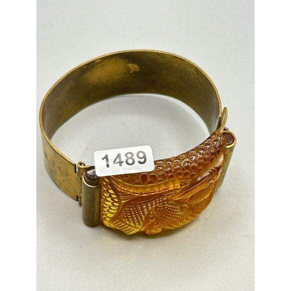 Vtg French Prystal Bakelite Carved Fish Bracelet Hinged Wide Brass Band Art Deco - Picture 13 of 13